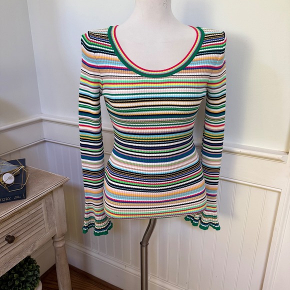 Milly Tops - Milly Womens Multicolor Striped Ribbed Knit Scoop Neck Bell Sleeve Top Small